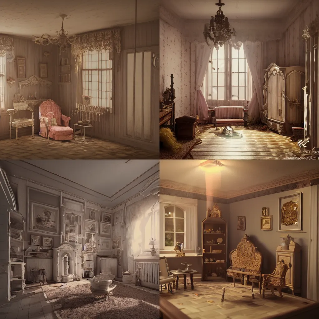 Prompt: photo of a Victorian dollhouse, interior view, extreme details, soft lighting, crepuscular rays, realistic octane render, 8k