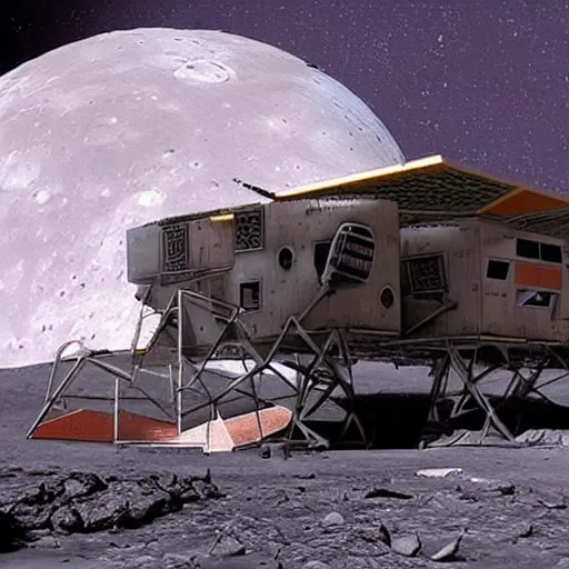 Prompt: a derelict research station on the moon, red