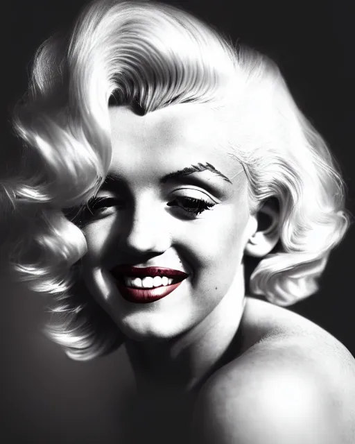 Image similar to Beautiful Head and shoulders portrait of smiling flirty seductive Marilyn monroe with platinum blonde hair, wearing a camisole by arney freytag, artstation, 35mm, fashion photoshoot, photo studio, golden hour, bokeh, rim lighting, fashion pose, octane, 4k