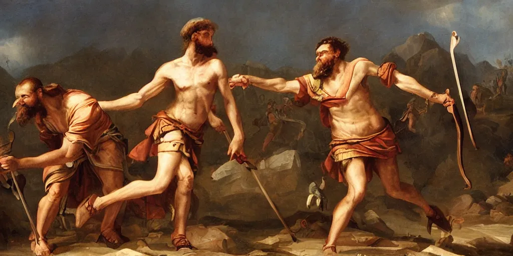 Prompt: high quality high detail painting, of david killing giant goliath