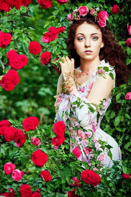 Image similar to realistic photograph of a beautiful woman in a lush garden with roses in her hair and an intricate gown, portrait, highly detailed,