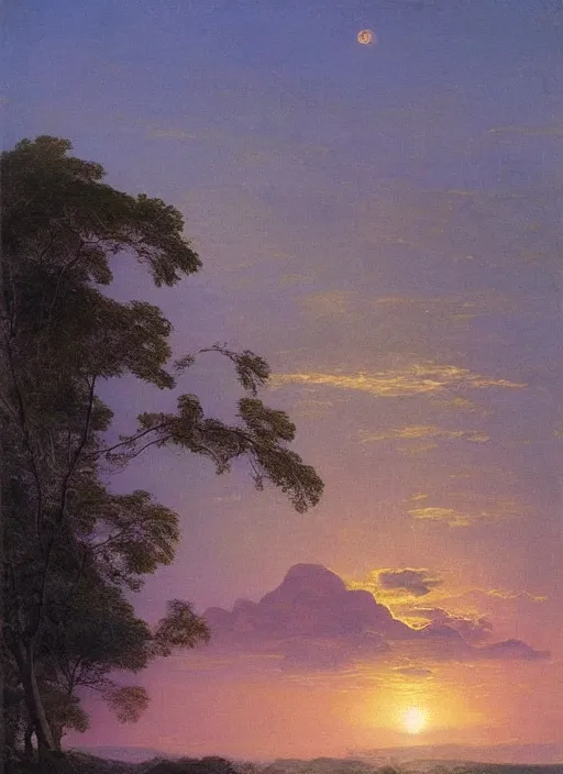 Prompt: the night lake of light, tropical vegetation, serene twilight moonlight, by frederic edwin church,