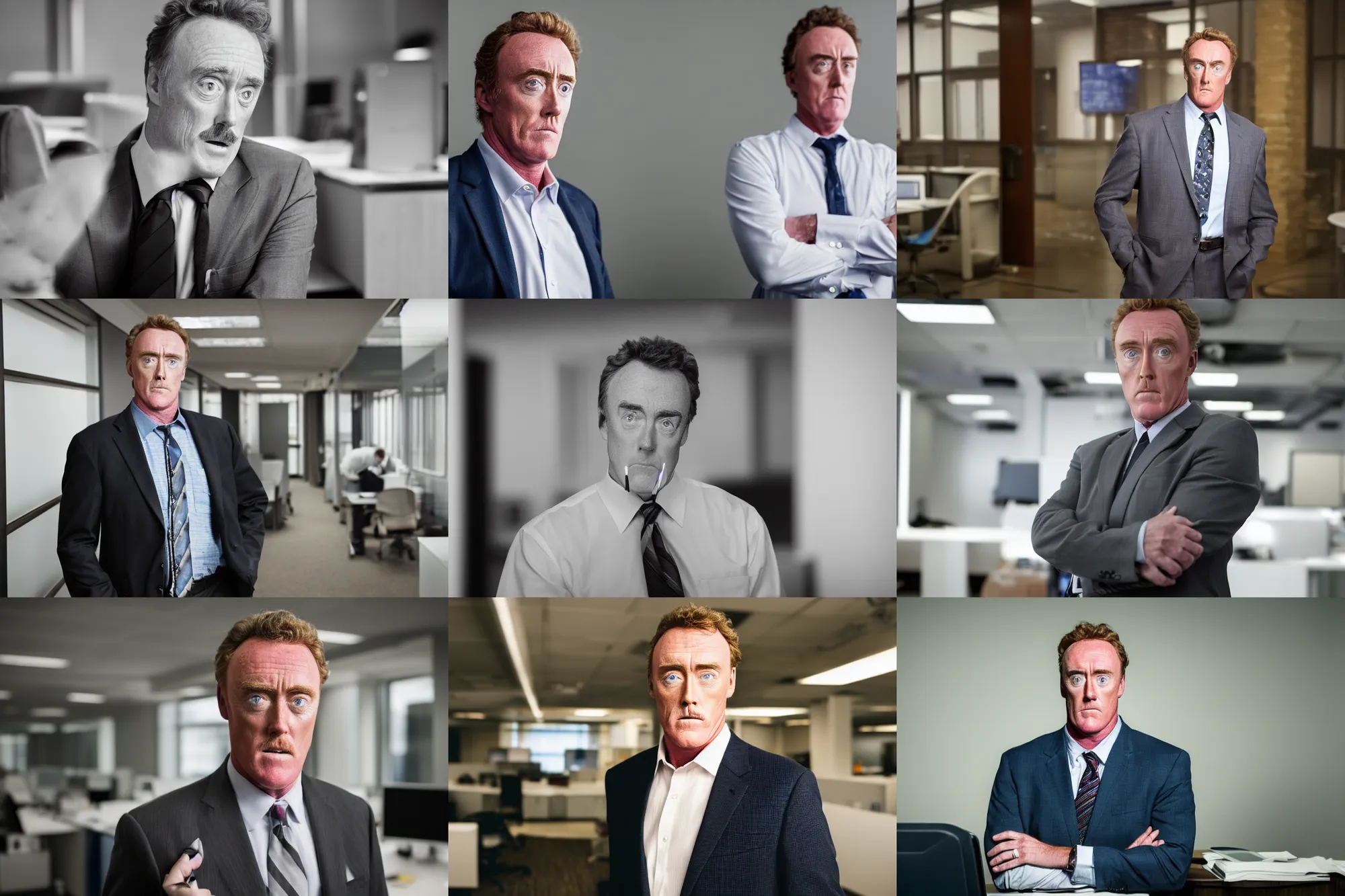 Prompt: John C McGinley from Scrubs looking angry wearing a suit and working in an office, portrait photography, depth of field, bokeh