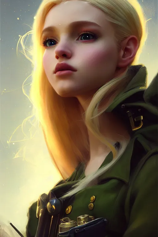 Image similar to cinematic shot of an epic portrait of a cute blonde fairy dressed in military clothes, stylised military clothes, shiny skin, beautiful eyes, beautiful, small details, night setting, realistic poster with volumetric light from craig mallism, artgerm, jeremy lipkin and michael garmash, unreal engine, radiant light, digital art, trends at art station, a masterpiece