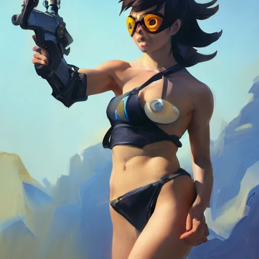 Prompt: greg manchess splashart painting of overwatch's tracer in a bikini, medium shot, asymmetrical, organic painting, sunny day, matte painting, bold shapes, hard edges, street art, trending on artstation, by huang guangjian and gil elvgren and sachin teng