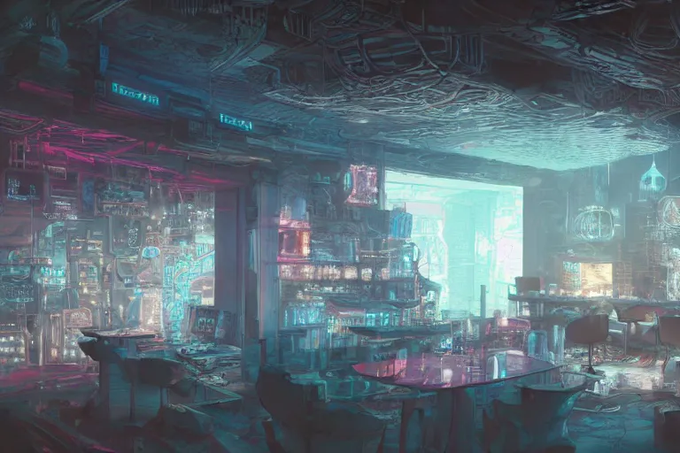 Image similar to ultra mega super hyper realistic Digital concept interior design in style of Hiromasa Ogura and Josan Gonzalez of cyberpunk tavern with stone walls and neon lights, a lot of electronics, many details in style of Hiromasa Ogura and Josan Gonzalez. Natural white sunlight from the transperient roof. Rendered in VRAY and DaVinci Resolve and MAXWELL and LUMION 3D, Volumetric natural light