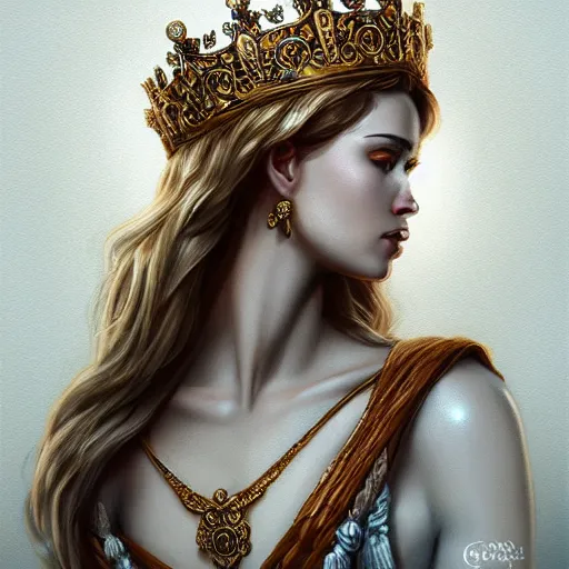 Image similar to portrait of a radiant greek mythology goddess, jewelry, crown, confident, gorgeous, stunning, dramatic lighting, detailed, very realistic, trending on Artstation, Cgsociety