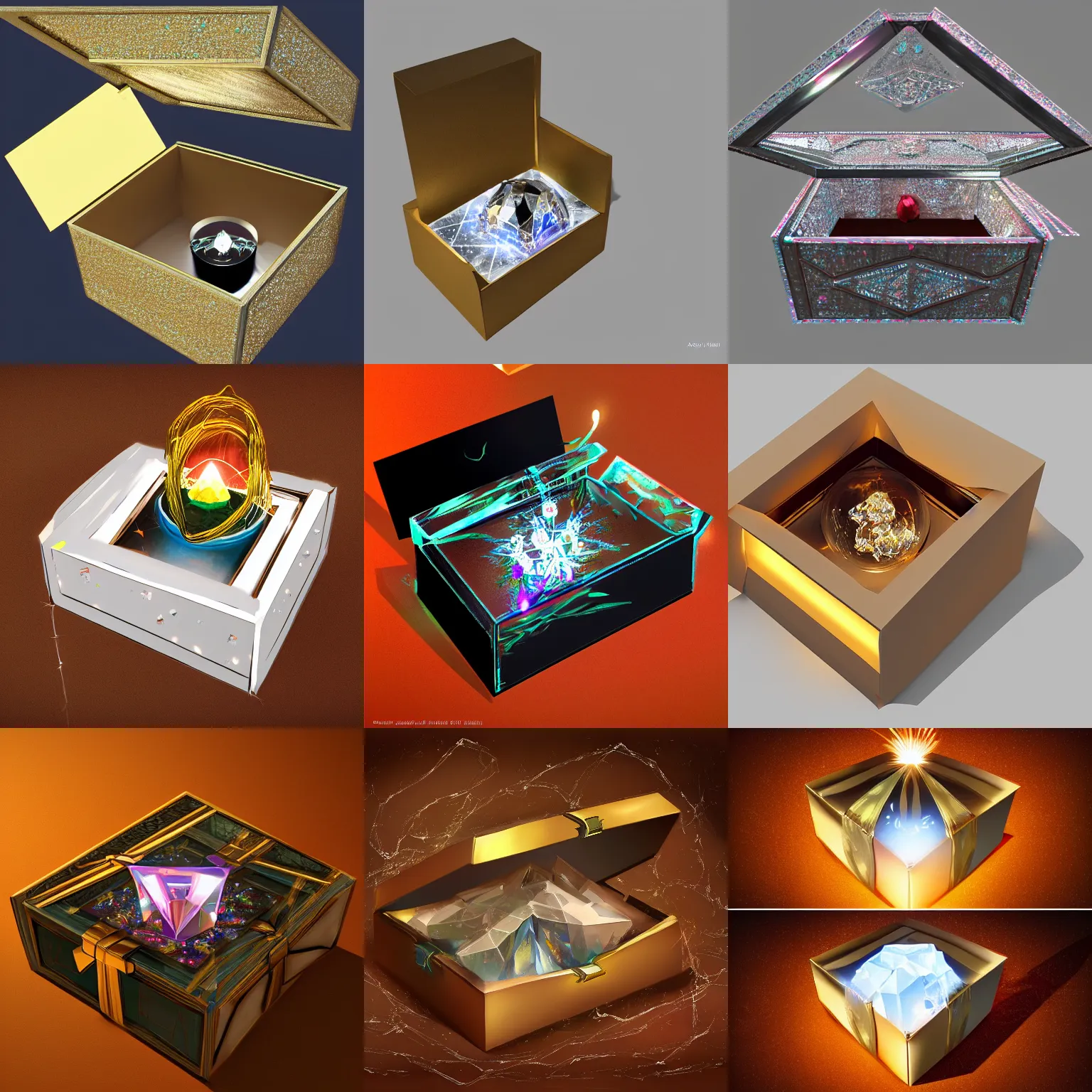 Prompt: open gift box with a glowing crystal inside, top-down view, highly detailed digital art, concept art, photorealistic trending on artstation