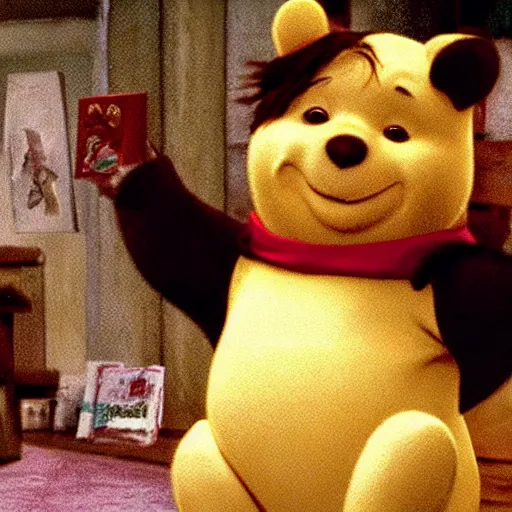 Prompt: A still of Keanu Reeves as Winnie the Pooh