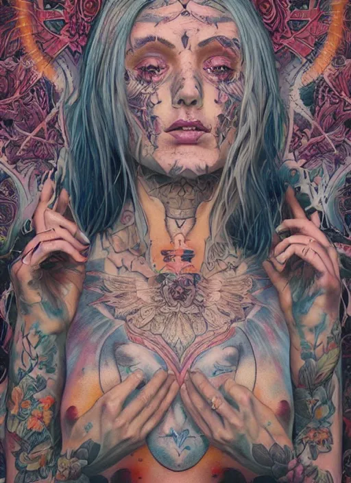 Prompt: beautiful enlightened woman instagram cult influencer with tattoos, tattooed skin, oil painting, robe, symmetrical face, dark ritual myth, by martine johanna, sean yoro masterpiece