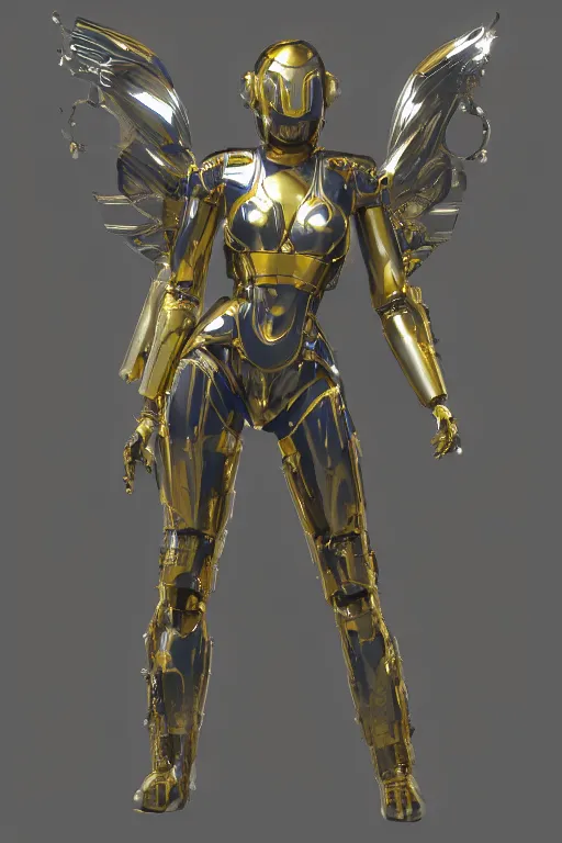 Image similar to maria of metropolis, humanoid robot, golden full body armor, deployed wings, beautiful helmet in the shape of a face, glowing yellow eyes, scifi, futuristic, raytracing, glowwave, sharp focus, cinematic lighting, artstation, divine, unreal engine 5 rendered, by fritz lang, art style by pixar warner bros dreamworks disney riot games and overwatch