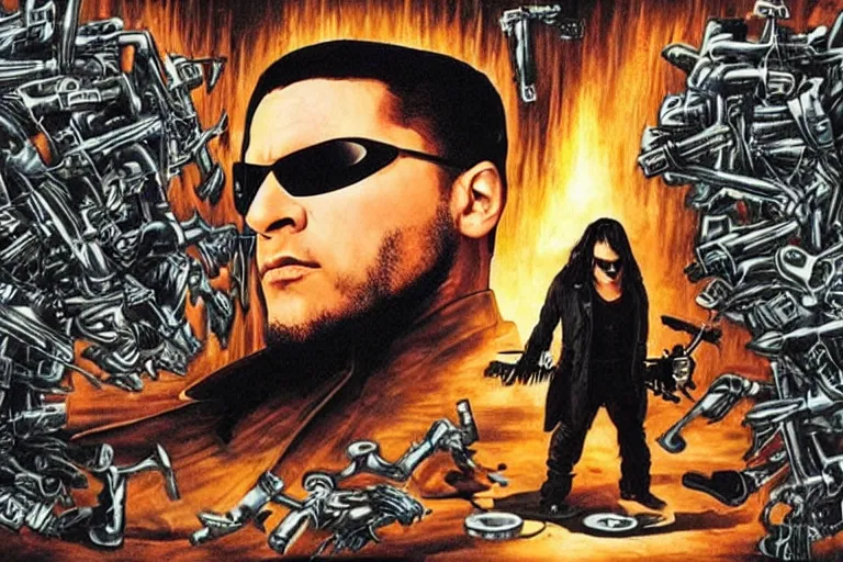 Image similar to a heavy metal musician in the matrix