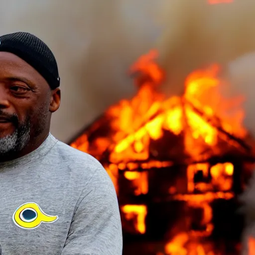 Image similar to a photo of a house burning down in the background and coach tomlin with an placid expression in the foreground, strong depth of field