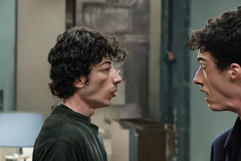 Prompt: Michael Keaton smacks Ezra miller for being naughty ultra realistic, 4K, movie still, UHD, sharp, cinematic