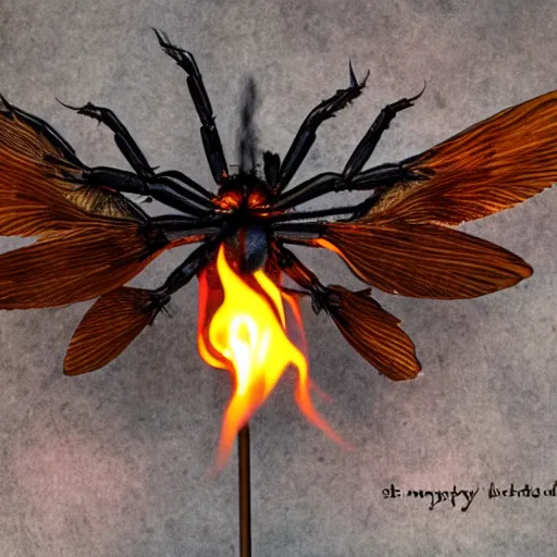 Image similar to winged spider monster with firelight body :: godly presence :: photograph