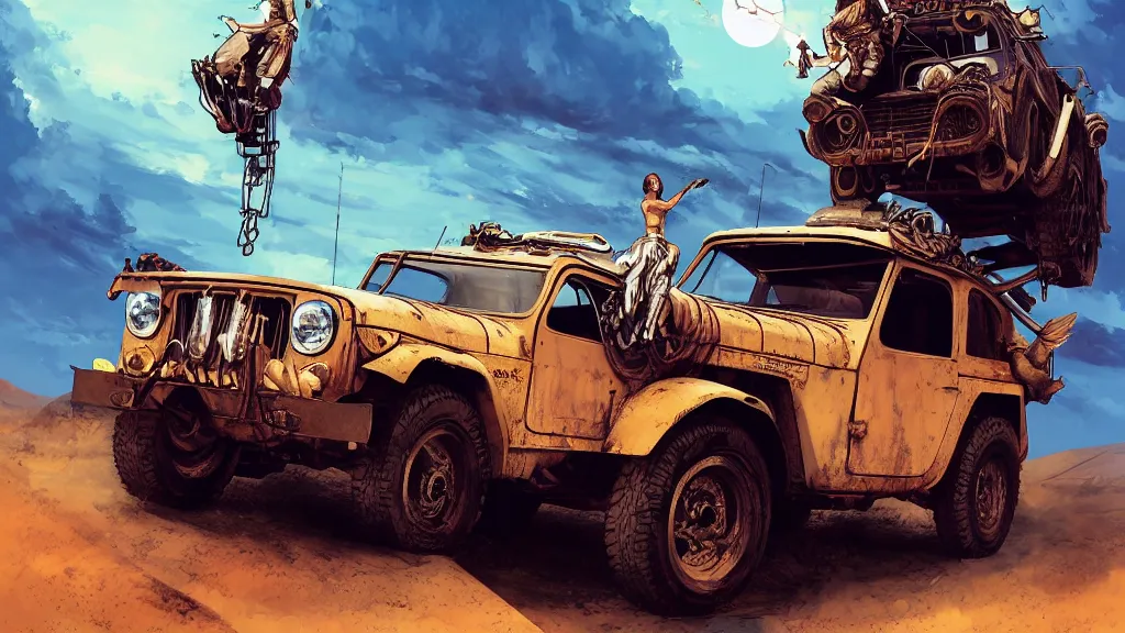 Image similar to digital illustration of mad max's fj 4 0 pursuit special riding fury road eternal shiny and chrome, world of fire and blood, the last v 8 interceptor driving down to the gates of valhalla highway, anime style, year 2 0 9 3, by makoto shinkai, ilya kuvshinov, lois van baarle, rossdraws, basquiat