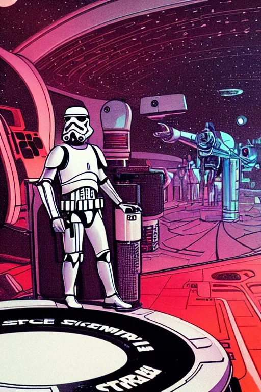 Prompt: closeup portrait of stormtrooper dj standing on a giant science fiction turntable in a dj booth, syd mead, dan mumford, moebius, detailed illustration, digital art, neon, isometric, symmetrical, comic book