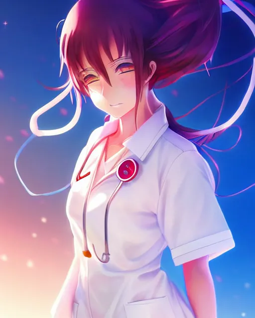 Image similar to anime style, vivid, expressive, full body, 4 k, painting, a cute magical girl with a long wavy black hair wearing a nurse outfit, stunning, realistic light and shadow effects, centered, simple background, studio ghibly makoto shinkai yuji yamaguchi