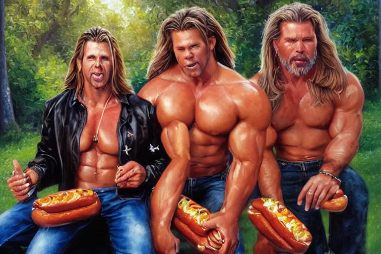 Image similar to portrait of wwf shawn michaels and wcw kevin nash sharing hotdogs, an oil painting by ross tran and thomas kincade