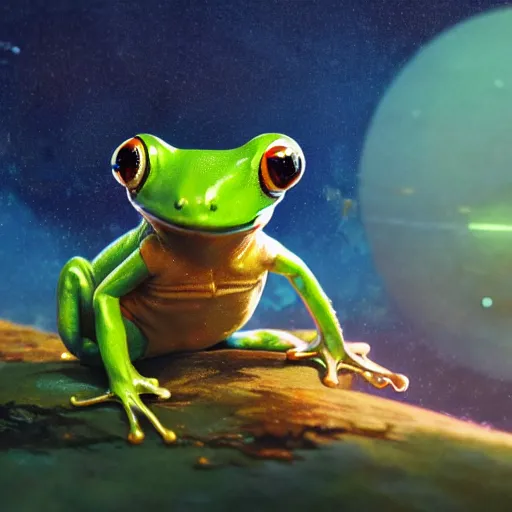 Image similar to soulful long shot of a cute baby frog astronaut, by esao andrews, by m. w. kaluta, ultra humorous illustration, small depth of field, perspective perception, volumetric light, psychedelic colors, 3 d octane render, 8 k, conceptart, hyperdetailed, hyperrealistic, trending on artstation