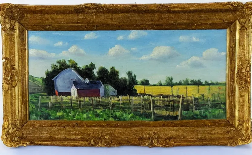 Prompt: old oil painting of a farm with blue sky