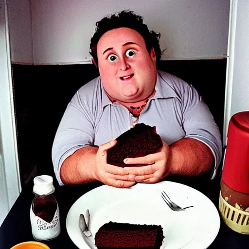 Image similar to obese morbid bruce bogtrotter forced to eat piles of chocolate cake by cooky in a small dark room, he's sweating profusely as he eats handful after handful of rich dark cake, eery wide angle morbid scary dark