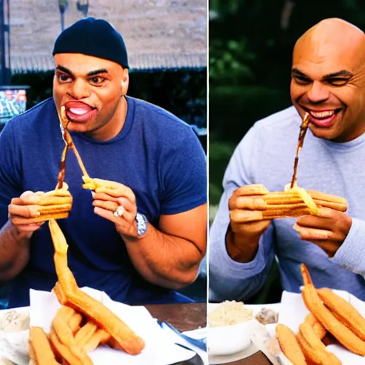 Image similar to Charles Barkley eating two churros at the same time