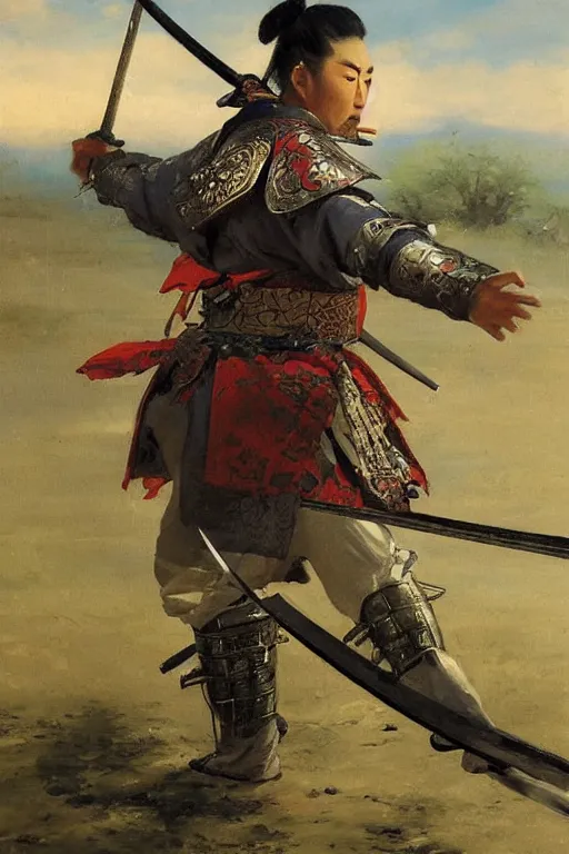 Prompt: close up of a fantasy samurai general in full armor on a battlefield during edo period, by vladimir volegov and alexander averin and delphin enjolras and daniel f. gerhartz