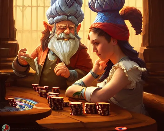 Image similar to gnomes playing poker, deep focus, d & d, fantasy, intricate, elegant, highly detailed, digital painting, artstation, concept art, matte, sharp focus, illustration, hearthstone, art by artgerm and greg rutkowski and alphonse mucha