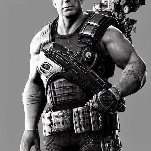 Prompt: a 20 years old Bruce Willis,not completely bald, as a buffed gears of war 4 videogame character, undertailed, 8k render,