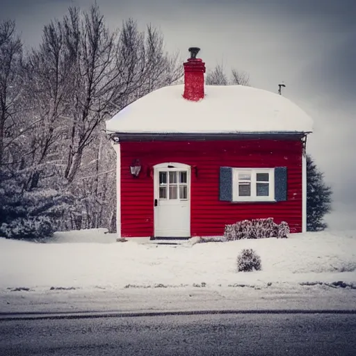 Prompt: small cottage with red shutters, photography, dreamy, winter