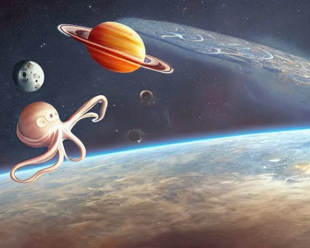 Image similar to an artist’s interpretation of an octopus in a space suit, floating in space next to a space shuttle, the earth planet in the background