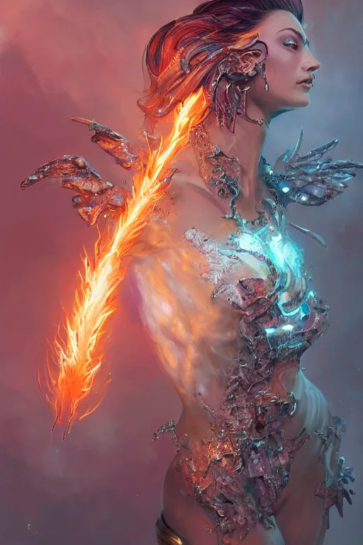 Image similar to torso closeup model wearing exploding fire crystal dress, jewels sorcerer, diamonds, angel, fantasy, dramatic lighting, highly detailed, digital painting, holding electricity, magic the gathering, hyper detailed, 3 d render, hyper realistic detailed portrait, peter mohrbacher, wlop, ruan jia