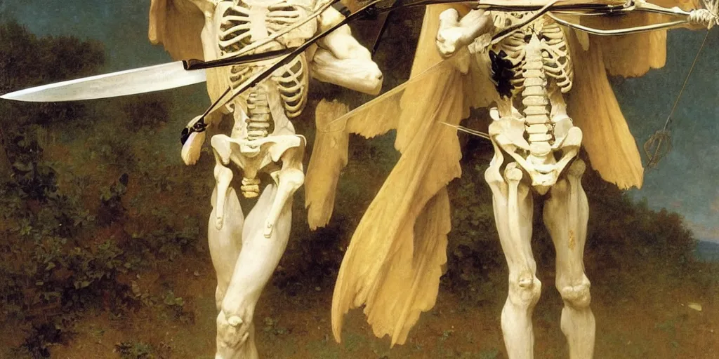 Image similar to portrait of a skeleton archer with big sword, wearing helmets and armor with wings, symmetrical, solemn, sacred, aura, by bouguereau