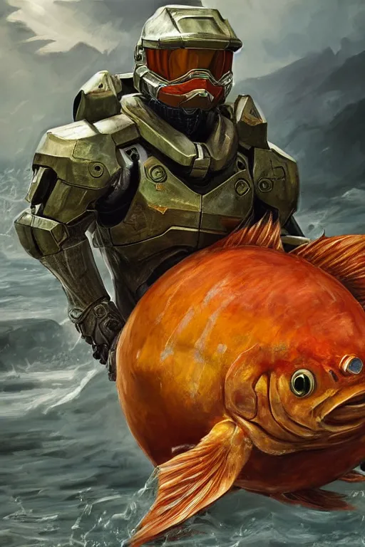 Image similar to magikarp playing as master chief, oil on canvas, intricate, portrait, 8 k highly professionally detailed, hdr, cgsociety