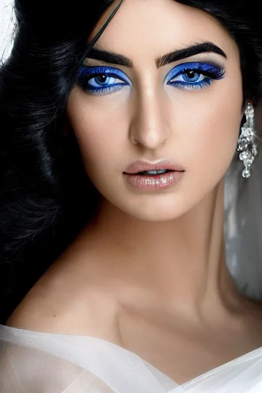 Image similar to Ameera al-Taweel, blue eyes, long wavy black hair, fierce look, white veil, closeup, focus face