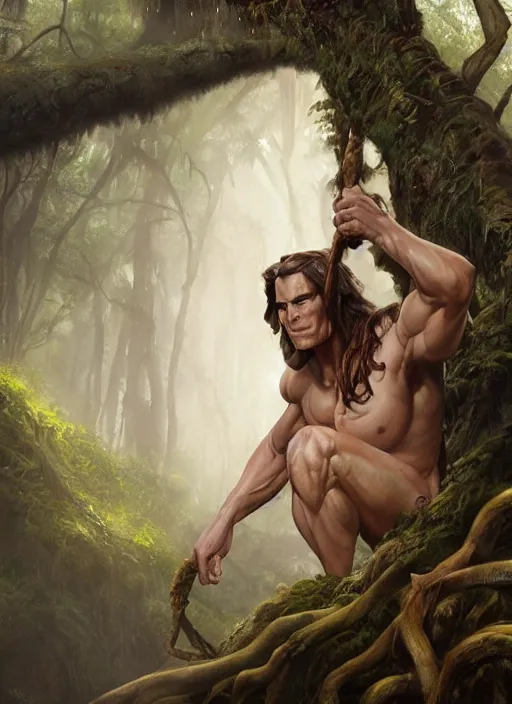 Prompt: A beautiful digital painting of tarzan in the mirkwood forrest looking at the camera by Stanley Artgerm Lau, frank frazetta, Rossdraws, James Jean, gerald brom, Andrei Riabovitchev, Marc Simonetti, and Sakimichan, trending on artstation