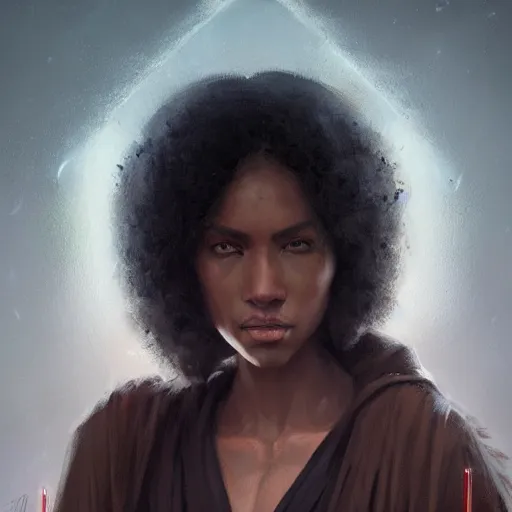 Image similar to portrait of a woman by greg rutkowski, youn jedi knight, black, afro hair, prettt, star wars expanded universe, she is about 2 0 years old, wearing jedi robes, highly detailed portrait, digital painting, artstation, concept art, smooth, sharp foccus ilustration, artstation hq