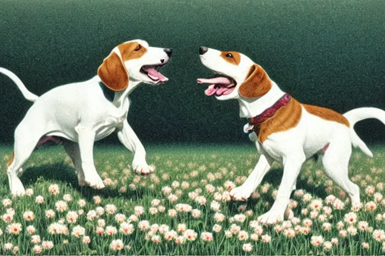 Prompt: white and brown beagle dog playing in a flowery field by Quint Buchholz