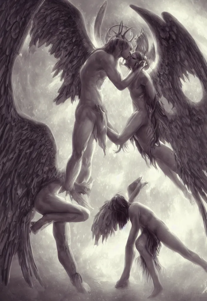 Image similar to a demon being intimate with an angel, fantasy, trending on artstation, digital art.