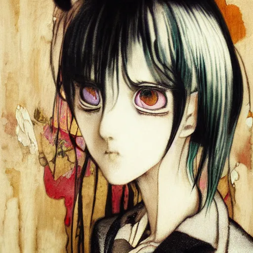 Image similar to yoshitaka amano blurred and dreamy realistic portrait of a woman with black eyes and white hair wearing dress suit with tie, junji ito abstract patterns in the background, satoshi kon anime, noisy film grain effect, highly detailed, renaissance oil painting, weird portrait angle, blurred lost edges, three quarter view