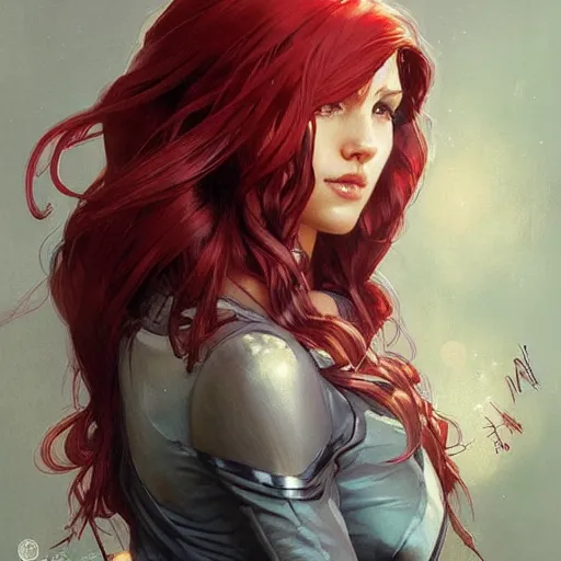 Image similar to a cool red - plate - haired girl. she is dressed as a superhero. clean elegant painting, beautiful detailed face. by artgerm and greg rutkowski and alphonse mucha