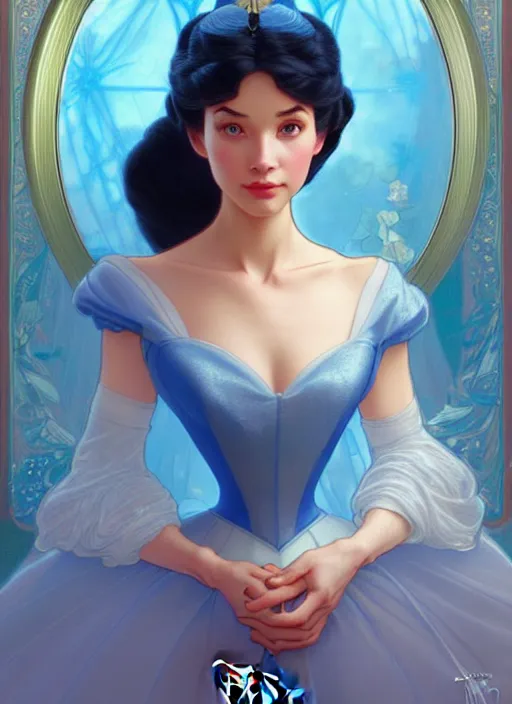 Image similar to portrait of disney cinderella, intricate, elegant, highly detailed, my rendition, digital painting, artstation, concept art, smooth, sharp focus, illustration, art by artgerm and greg rutkowski and alphonse mucha and uang guangjian and gil elvgren and sachin teng, symmetry!!