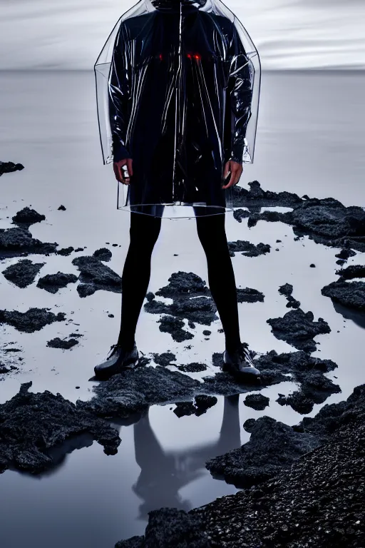 Image similar to an ultra high definition professional high fashion portrait studio full length photograph of a male model wearing a transparent pearlescent raincoat and neon visor in an icelandic black rock environment at dawn. no artefacts. extremely detailed. stark. refraction. shallow depth of field. volumetric light and shadow. ray tracing. light rays.