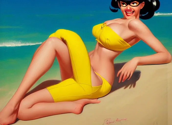 Image similar to the style of the artist gil elvgren, a girl with black hair, overwatch tracer, with a very beautiful symmetrical face, a smile on her face, tanned skin, in a yellow bikini, against the background of a sea beach, in art style, high detail, digital painting, hyperrealism