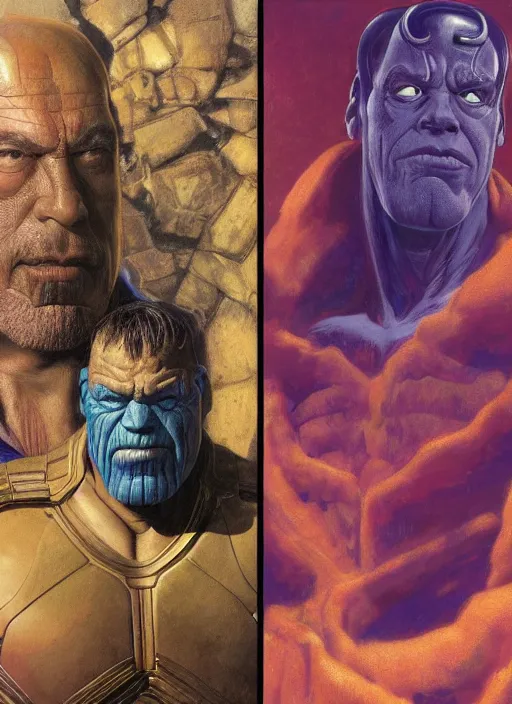 Image similar to upper body and head portrait of javier bardem as thanos, by lawrence alma tadema and zdzislaw beksinski and norman rockwell and jack kirby and tom lovell and greg staples