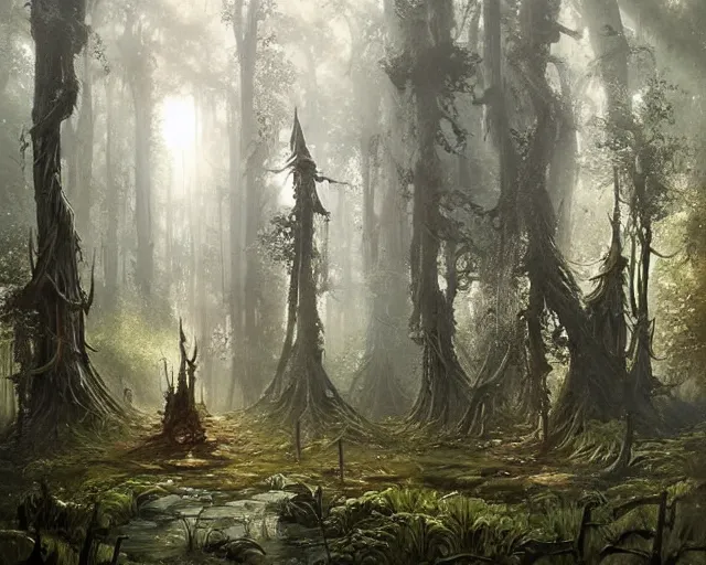 Image similar to a magical forest in the border between the good and the bad, fantasy art, intricate, highly detailed, in the style of greg rutkowski