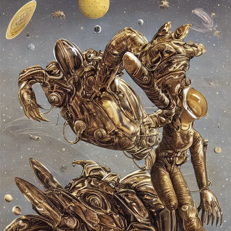 Image similar to painting by wayne barlow and carlo crivelli, a woman in a skintight silver shining spacesuit riding on the back of a giant alien crab on a dramatic red rocky planet