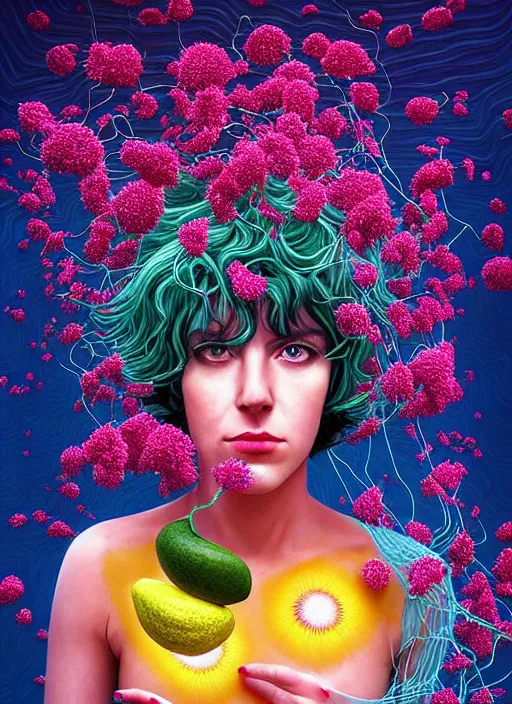 Image similar to hyper detailed 3d render like a Oil painting - Ramona Flowers with wavy black hair wearing thick mascara seen out Eating of the Strangling network of colorful yellowcake and aerochrome and milky Fruit and Her staring intensely delicate Hands hold of gossamer polyp blossoms bring iridescent fungal flowers whose spores black the foolish stars by Jacek Yerka, Mariusz Lewandowski, silly face, Houdini algorithmic generative render, Abstract brush strokes, Masterpiece, Edward Hopper and James Gilleard, Zdzislaw Beksinski, Mark Ryden, Wolfgang Lettl, Dan Hiller, hints of Yayoi Kasuma, octane render, 8k