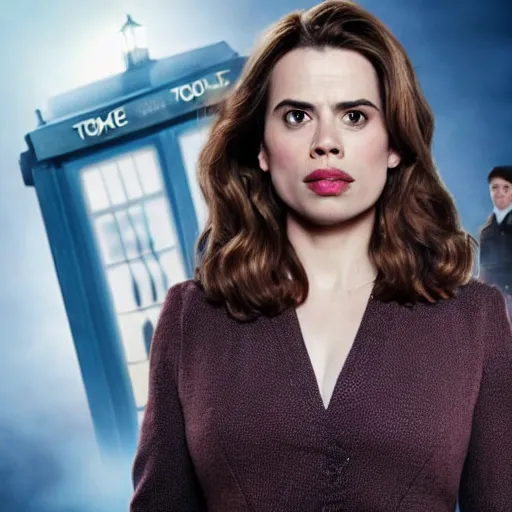 Image similar to a beautiful full body photograph of hayley atwell as'doctor who ', time vortex in the background, detailed face, symmetrical face, extreme realism and detail, 8 k, completely framed, direct lighting, 3 5 mm photo, photorealistic, sharp focus